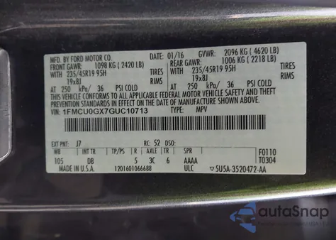 2016 Ford Escape Se z USA, uszkodzony, nr VIN 1FMCU0GX7GUC10713